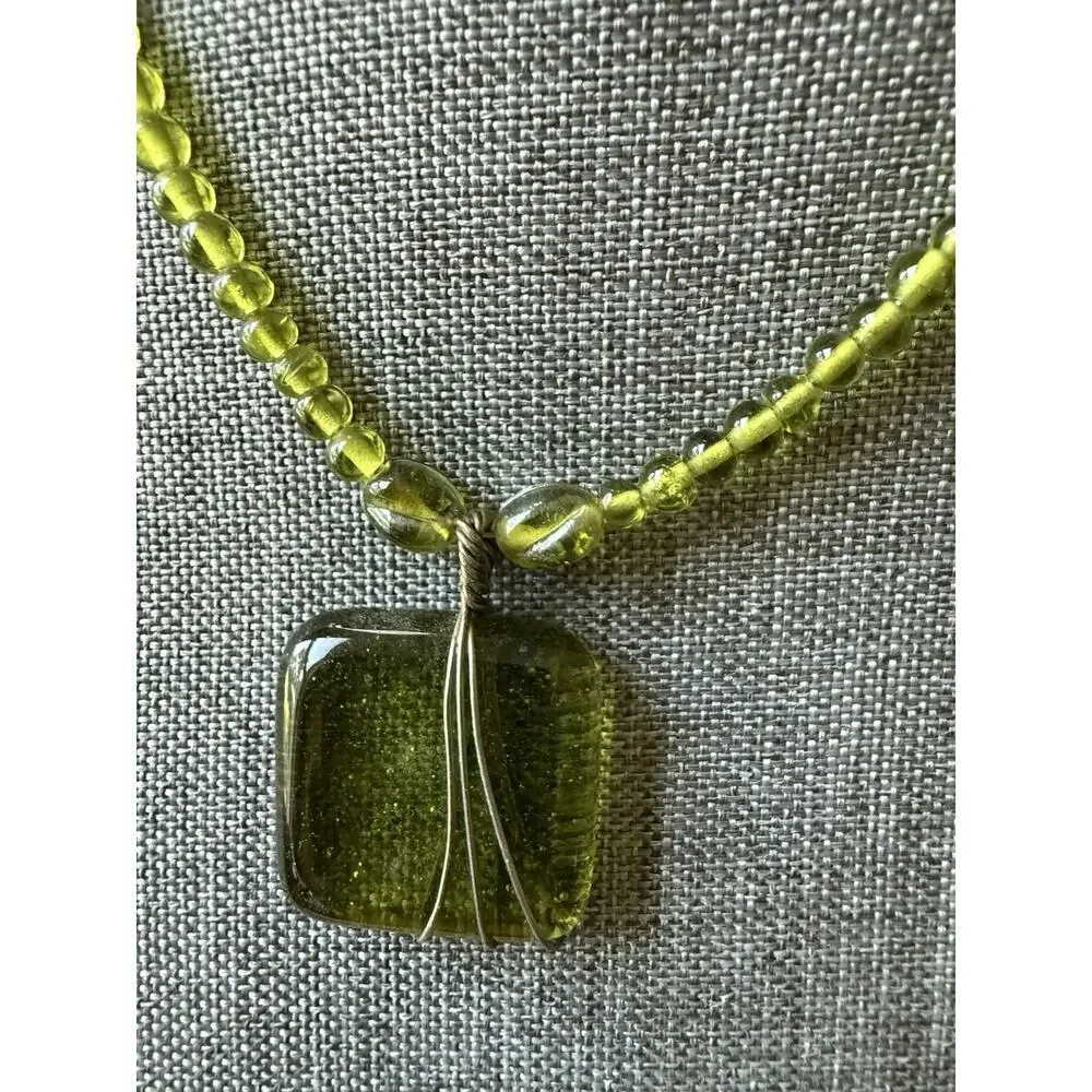 Art Glass Rectangle Wire Wrap Necklace Green Beaded Statement Choker Festival